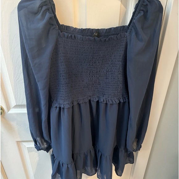 1. State Blue Smock Bodice Ruffle Hem Long Sleeve Minidress Dress, L - Picture 3 of 7